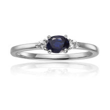 Load image into Gallery viewer, Blue Sapphire Oval Three Stone Ring, dainty style ring, white sapphire accented ring, blue sapphire center stone