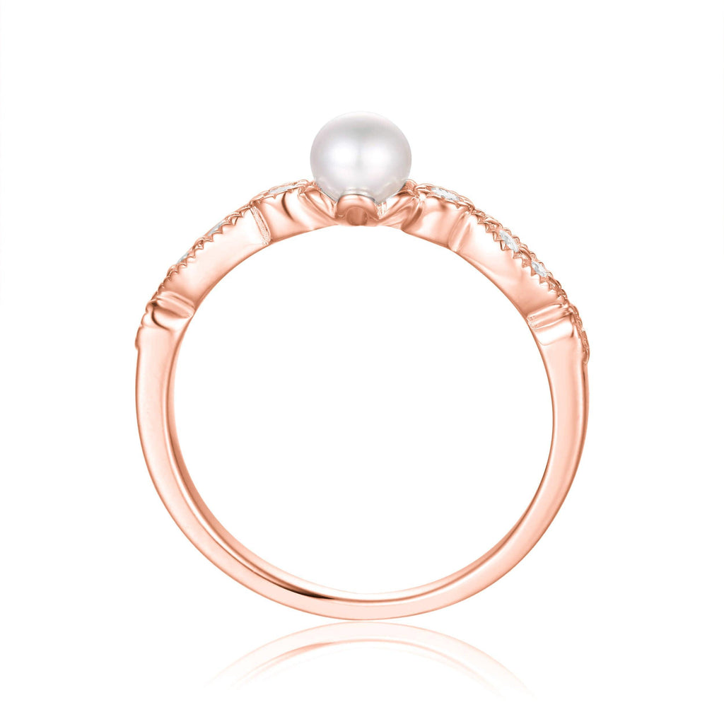 Fresh Water Pearl Ring with Moissanite Accent Stones Round Pearl Ring 18k Rose Gold Plated Silver Ring June Birthday Gift for Her- FineColorJewels