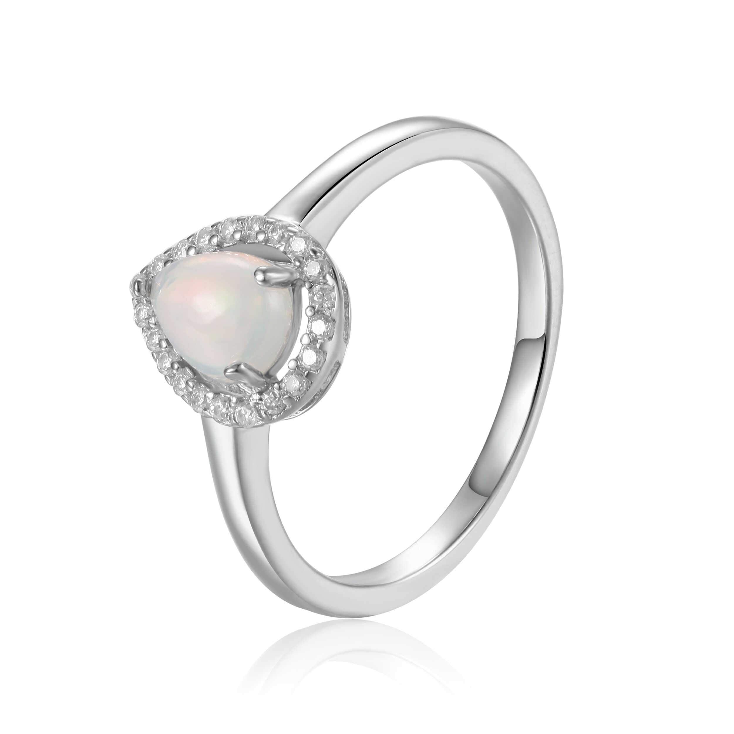 Created Opal Teardrop Halo Ring with Moissanite Accents For Women