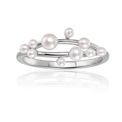 Dainty Cluster Pearl Ring In Rhodium Plated Sterling Silver