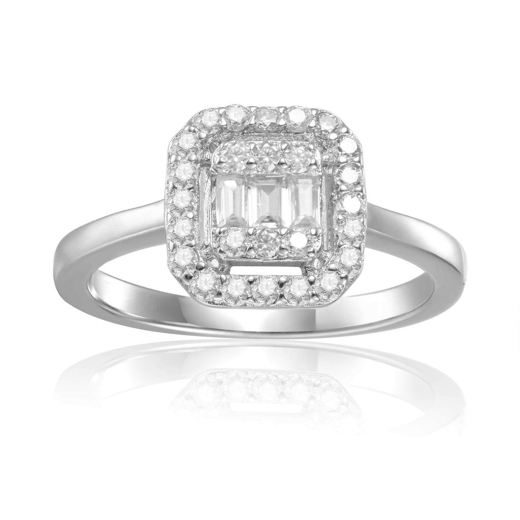 Sterling Silver Halo Ring Baguette Ring for Women White Topaz Ring - FineColorJewels