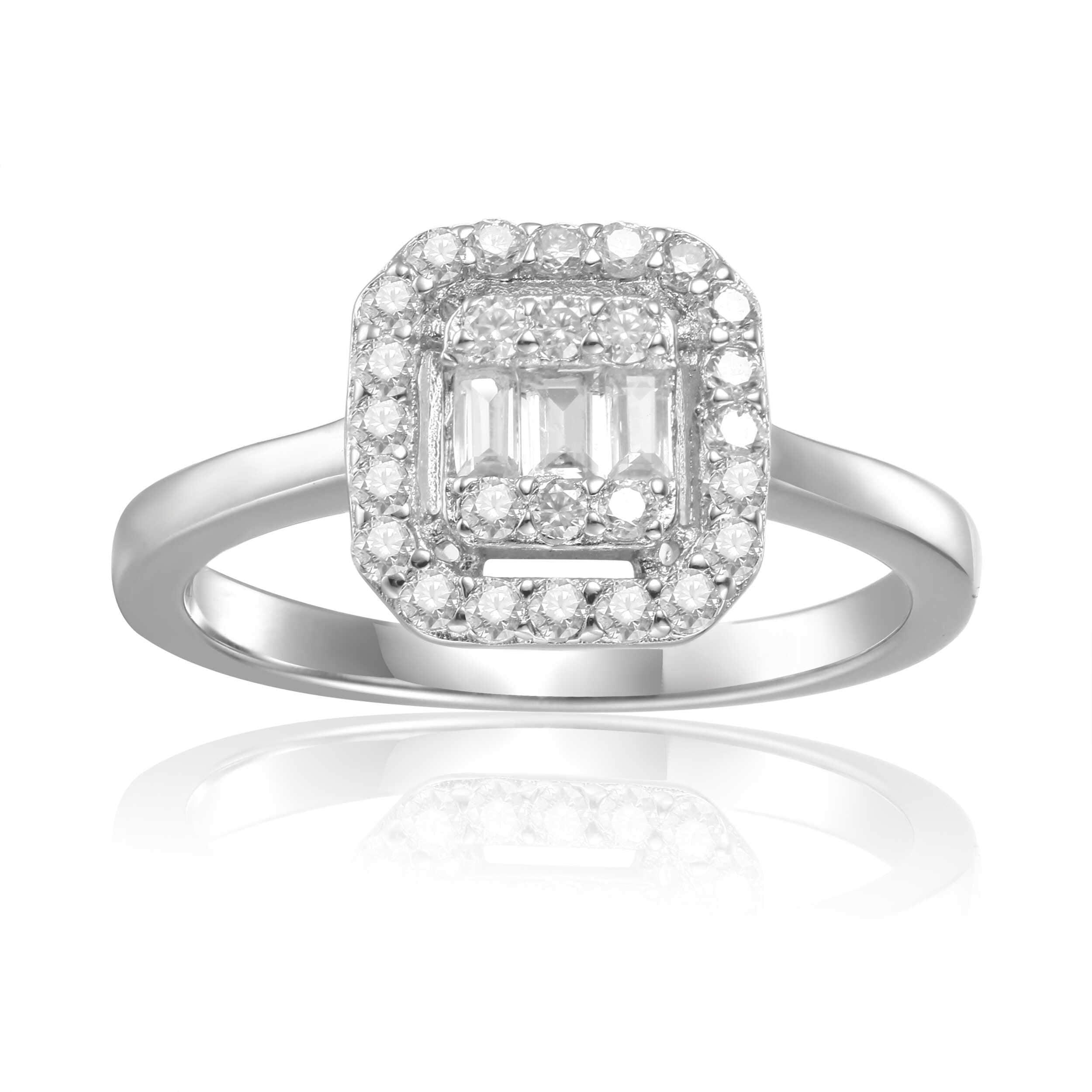 Sterling Silver Halo Ring Baguette Ring for Women White Topaz Ring - FineColorJewels