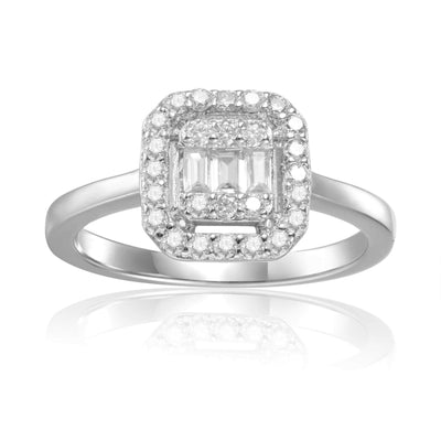 Sterling Silver Halo Ring Baguette Ring for Women White Topaz Ring - FineColorJewels
