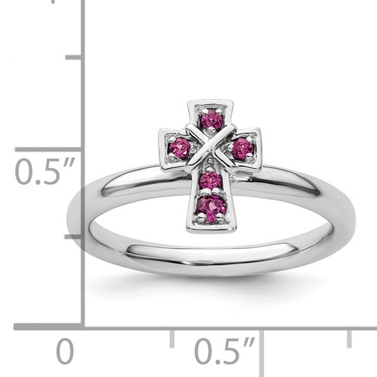 Natural Rhodolite Garnet Silver Stackable Cross Ring