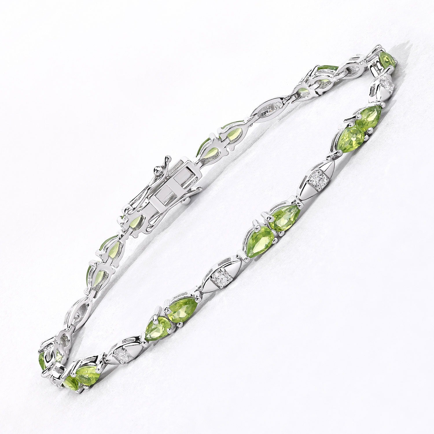 4.63 Ct Genuine Peridot and Lab Grown Diamond Prong Silver Tennis Bracelet