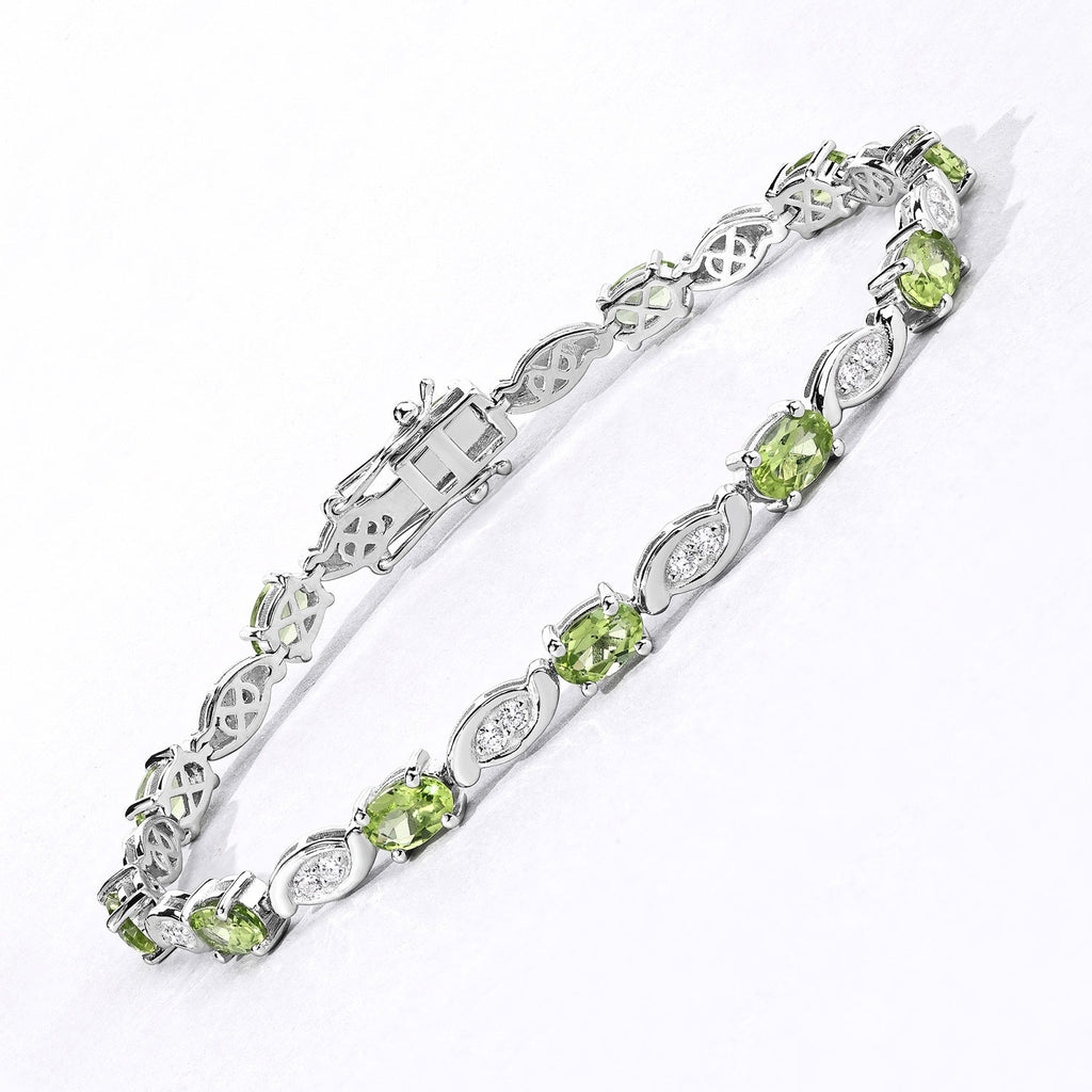 5.45 Ct Genuine Peridot and Lab Grown Diamond Prong Silver Tennis Bracelet