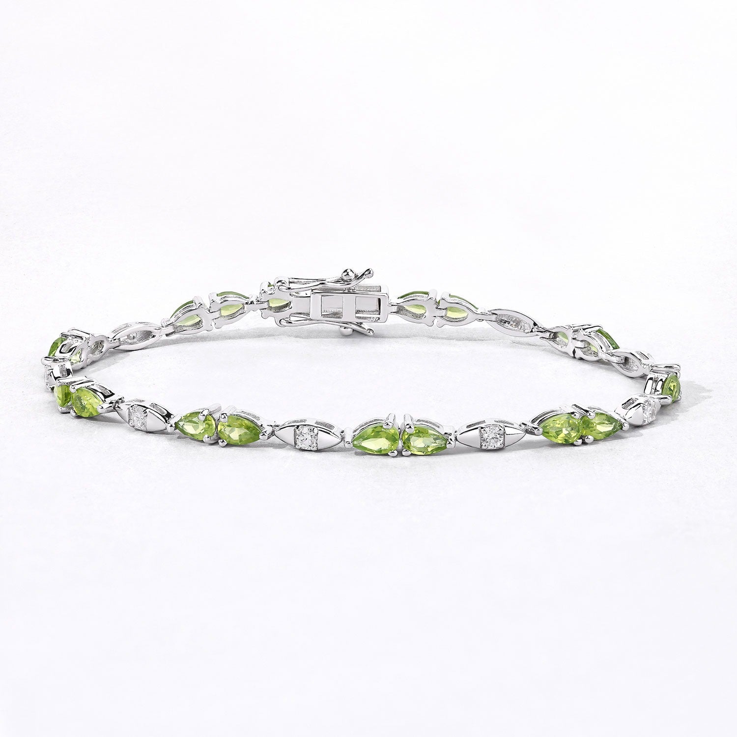 4.63 Ct Genuine Peridot and Lab Grown Diamond Prong Silver Tennis Bracelet