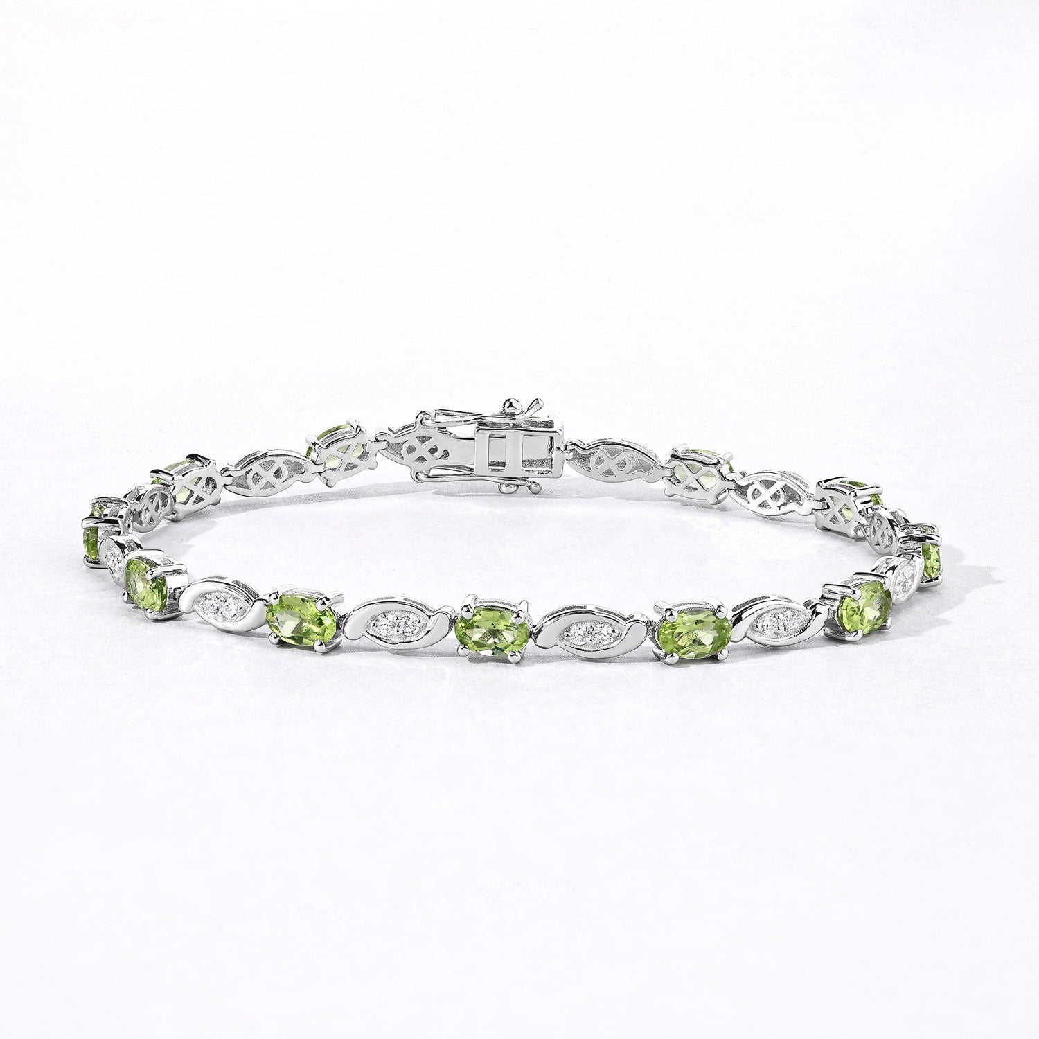 5.45 Ct Genuine Peridot and Lab Grown Diamond Prong Silver Tennis Bracelet