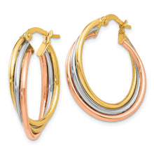 Load image into Gallery viewer, 14K Gold Tri-color Textured Twisted Hoop Earrings