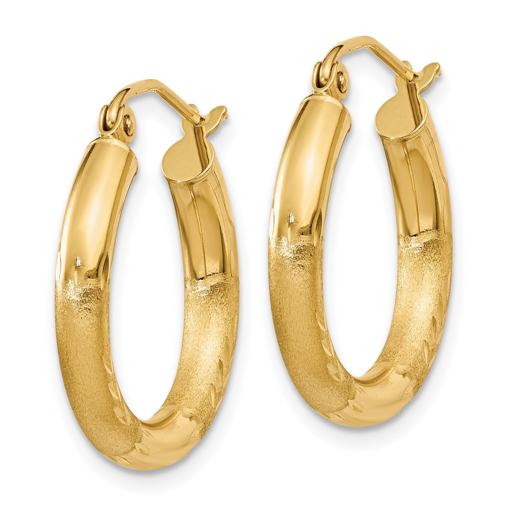 14k Gold Satin and Diamond-cut Round Hoop Earrings
