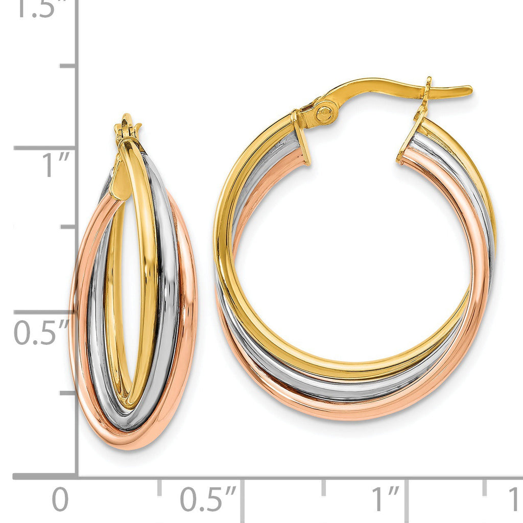 14K Gold Tri-color Textured Twisted Hoop Earrings
