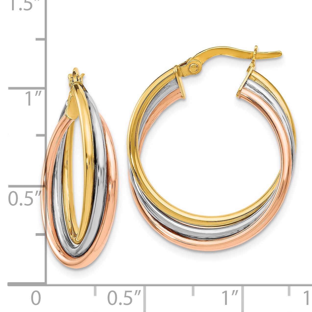 14K Gold Tri-color Textured Twisted Hoop Earrings