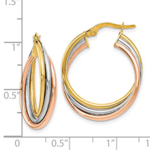 Load image into Gallery viewer, 14K Gold Tri-color Textured Twisted Hoop Earrings