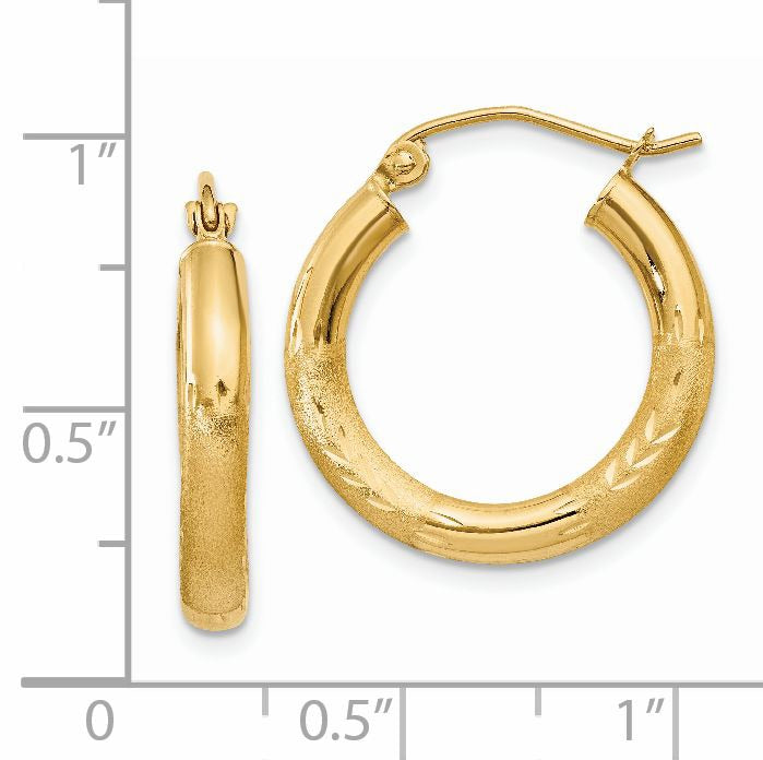 14k Gold Satin and Diamond-cut Round Hoop Earrings