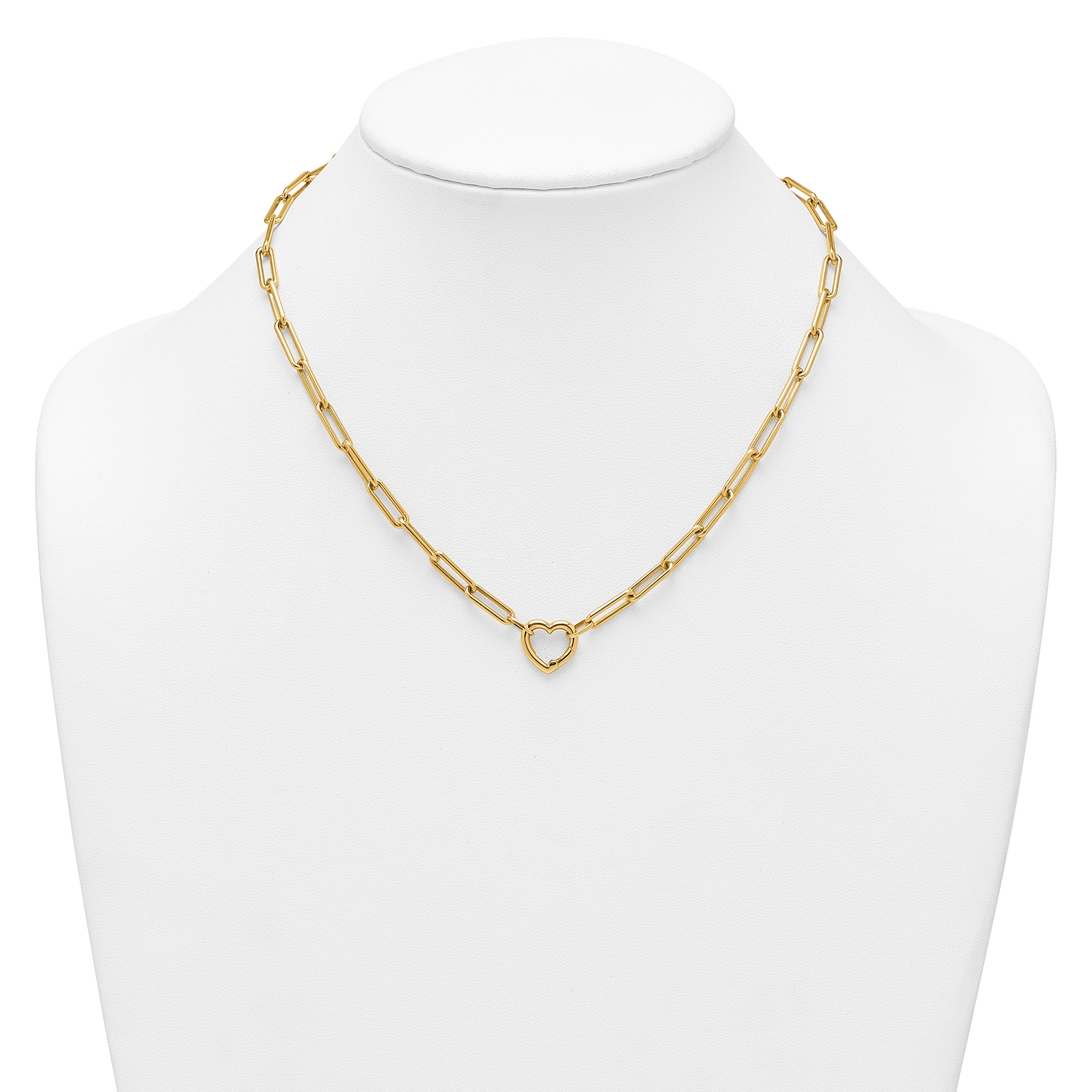 Gold chain necklace with heart-shaped pendant on white jewelry bust, FCJ Jewelry LLC USA