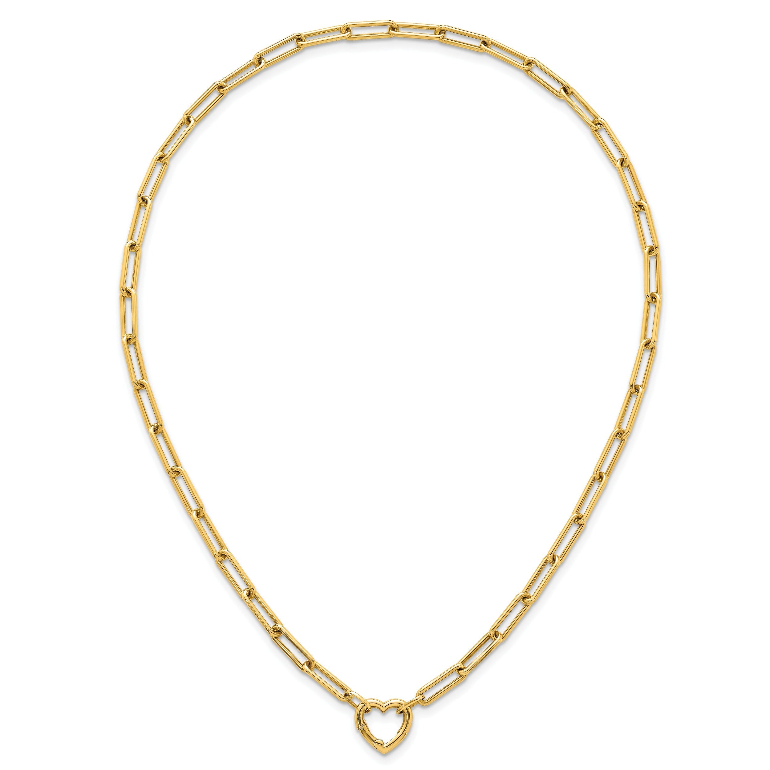 Gold chain necklace with heart-shaped clasp from FCJ Jewelry LLC on white background