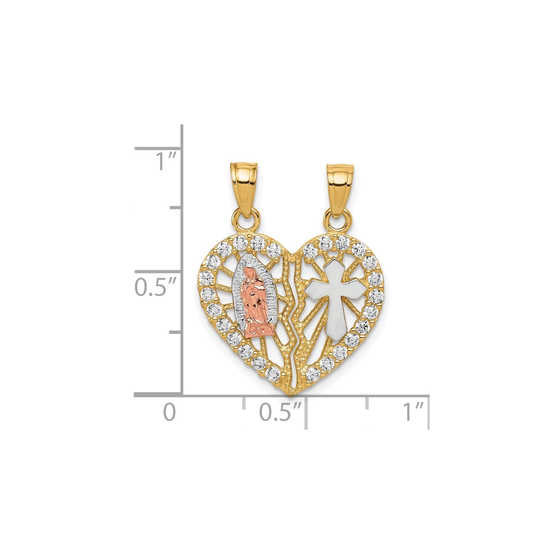 10k Two-tone CZ Break-apart Cross Heart Pendant