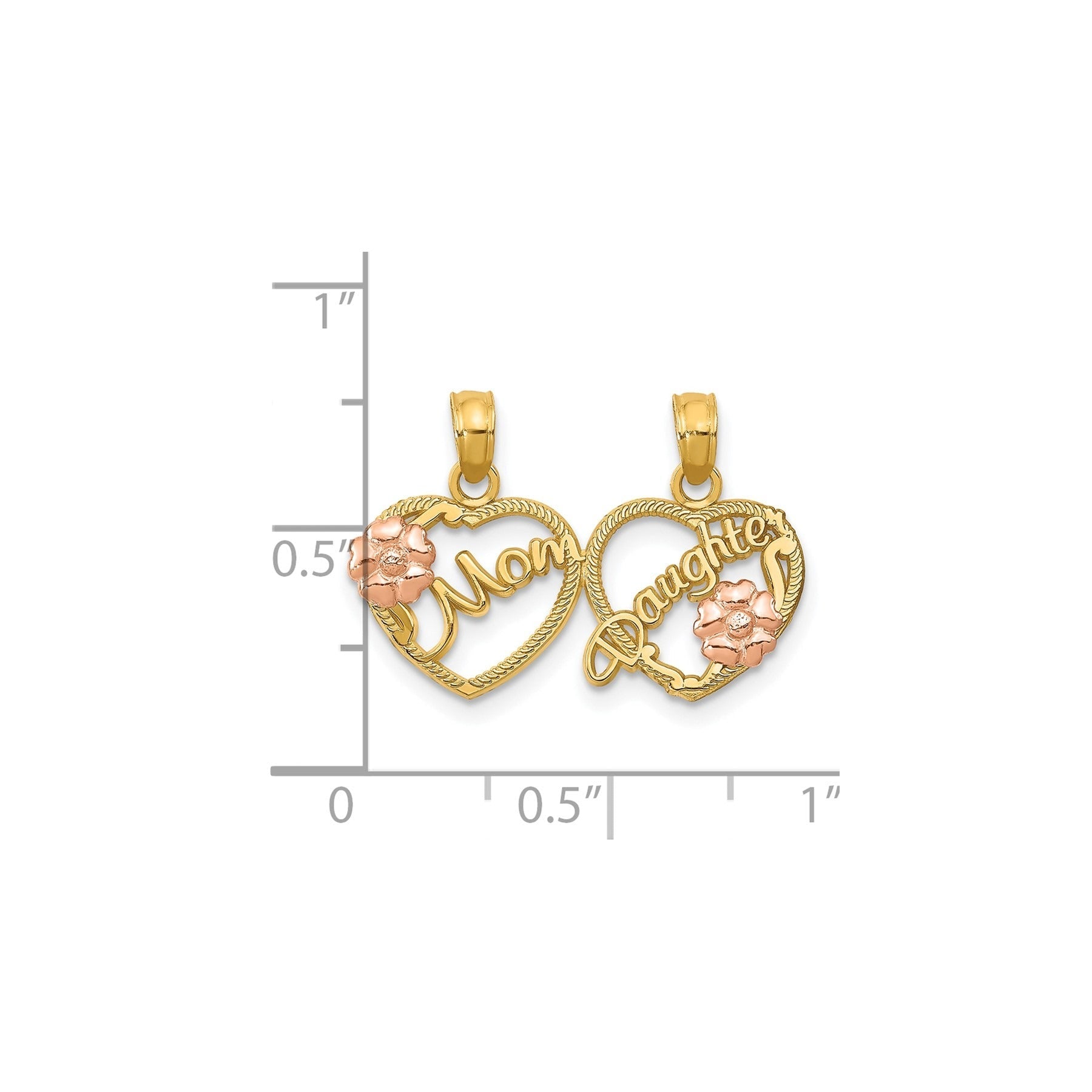 Gold heart-shaped Mom and Daughter pendant set with rose accents, FCJ Jewelry LLC jewelry.