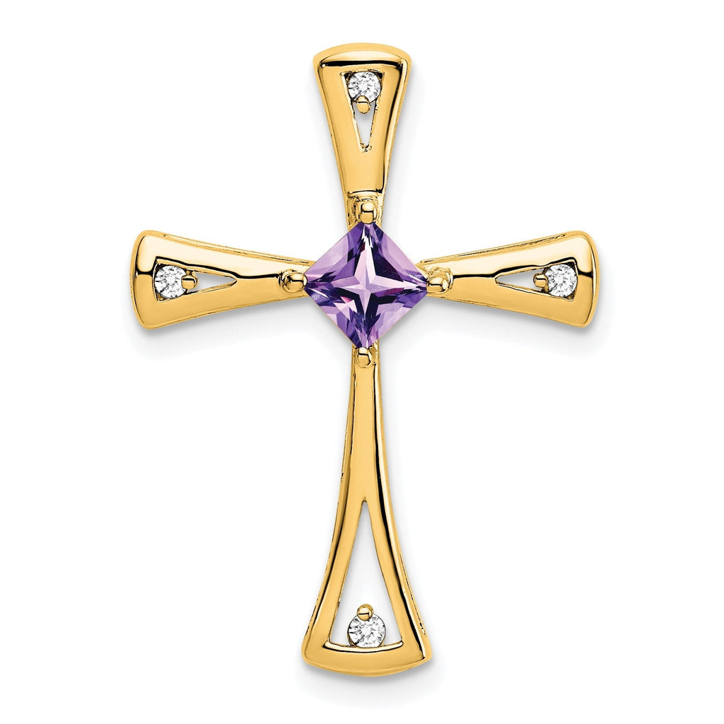 Natural Purple Amethyst and Diamond Cross Pendant Gold