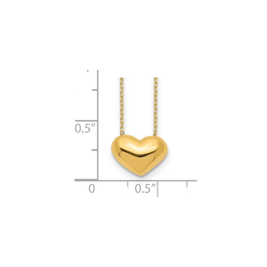 Gold heart pendant necklace with chain, handcrafted fine jewelry, size guide in background