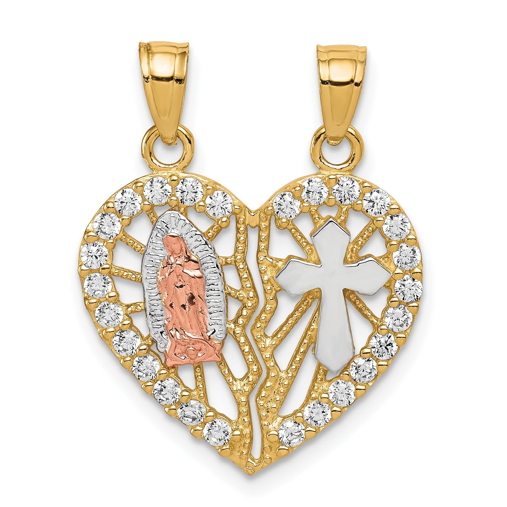 10k Two-tone CZ Break-apart Cross Heart Pendant