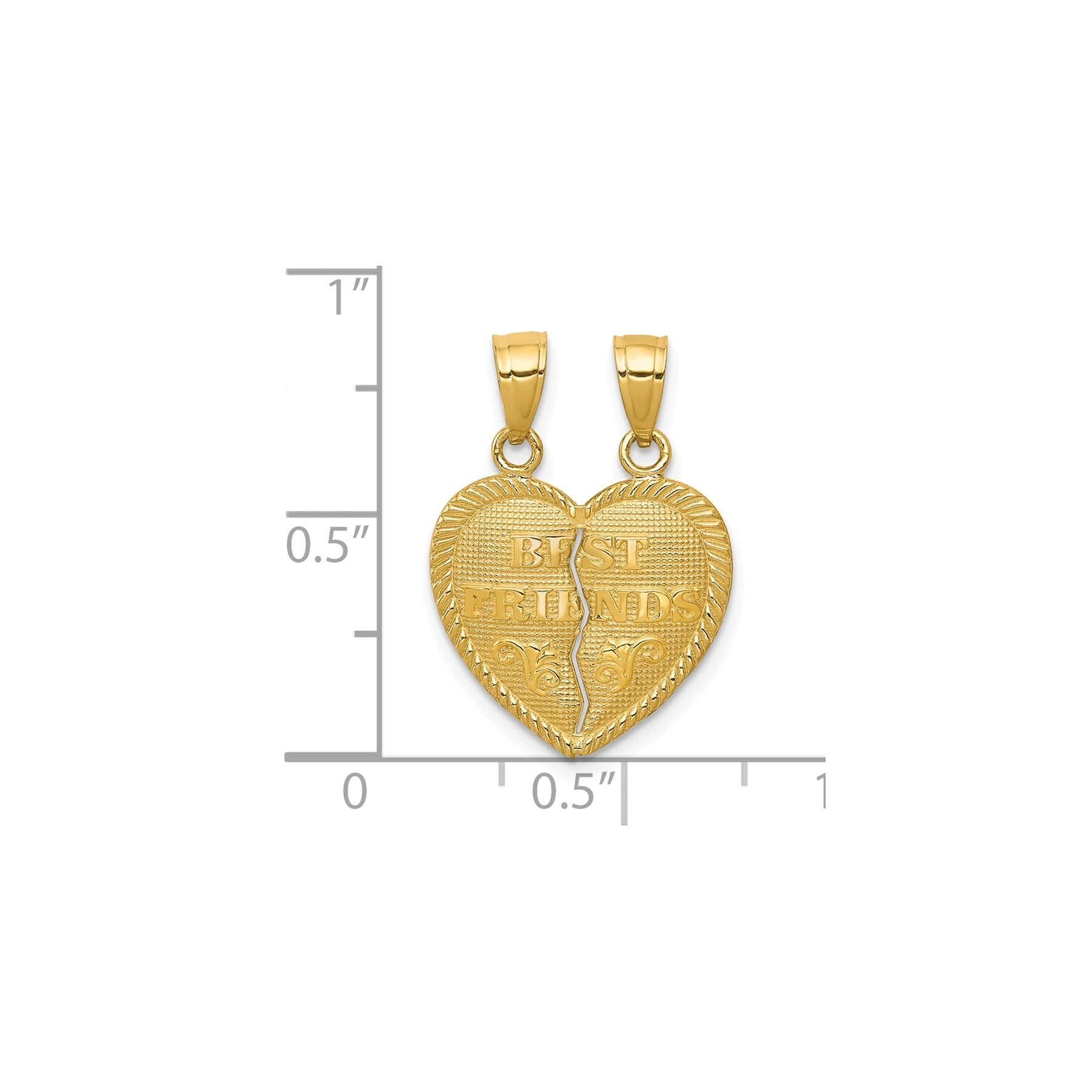 Gold heart best friends pendant with split design, fine jewelry on measurement background