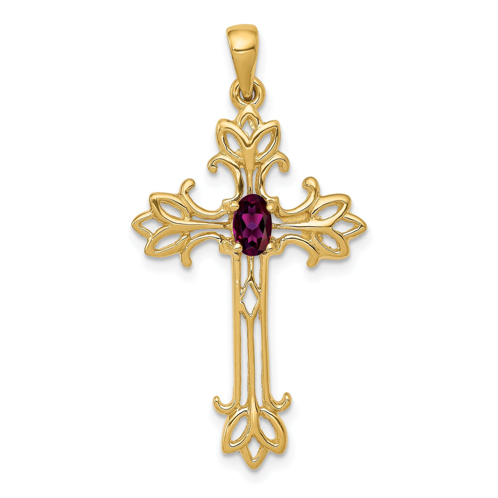 10K Yellow Gold Oval Natural Rhodolite Garnet Cross Pendant