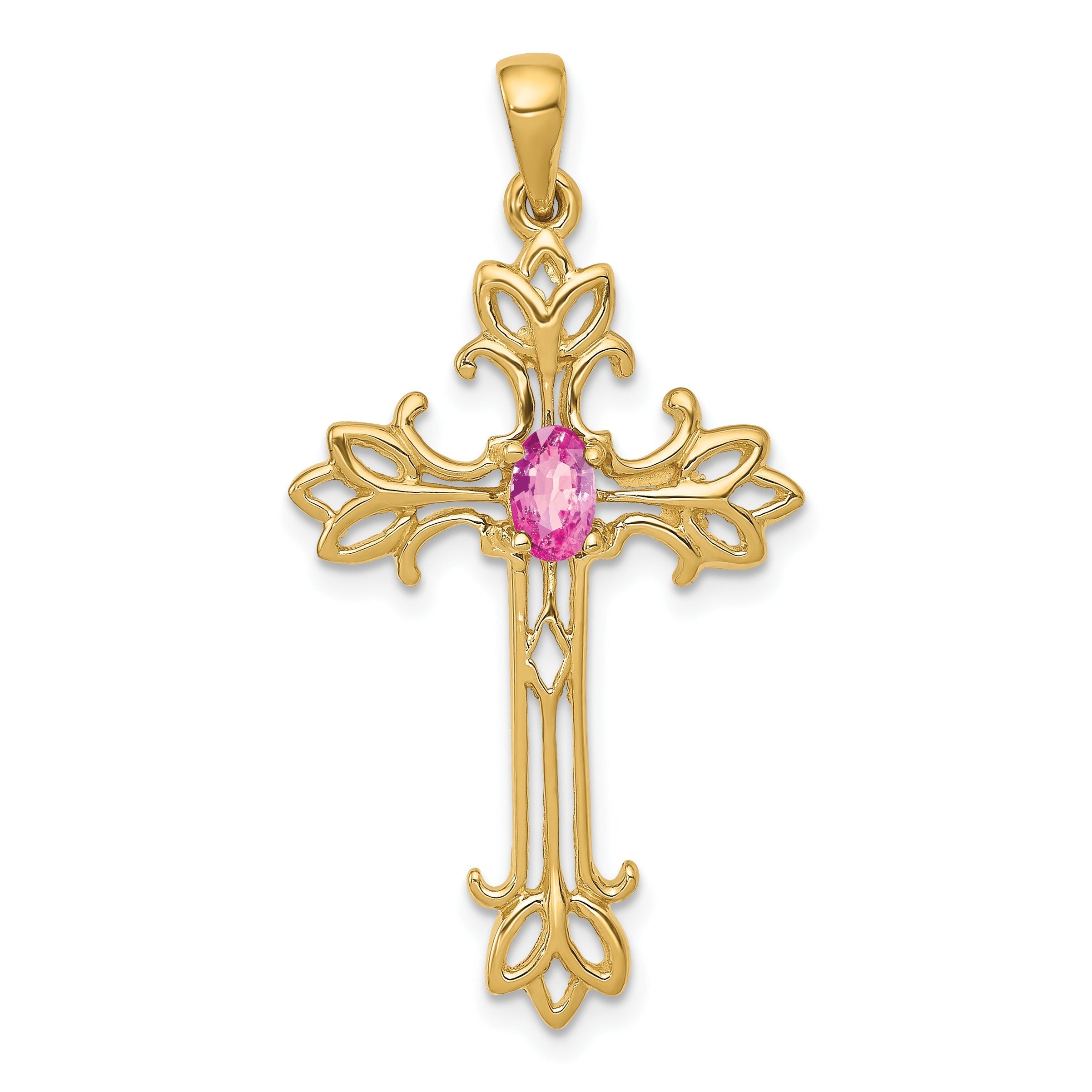 10K Yellow Gold Oval Natural Pink Sapphire Cross Pendant