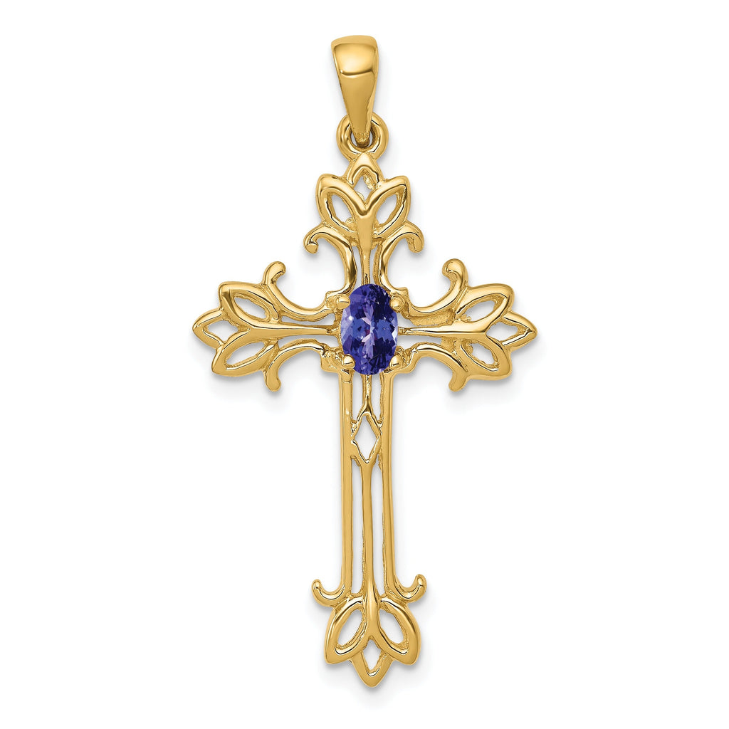 10K Yellow Gold Oval Natural Tanzanite Cross Pendant