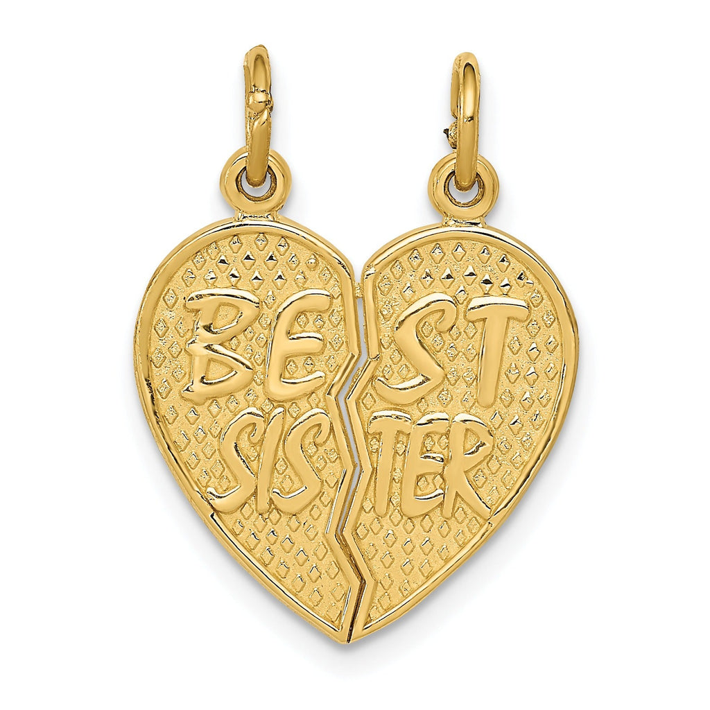 Gold heart-shaped sister pendant split in two, FCJ Jewelry LLC handcrafted jewelry.
