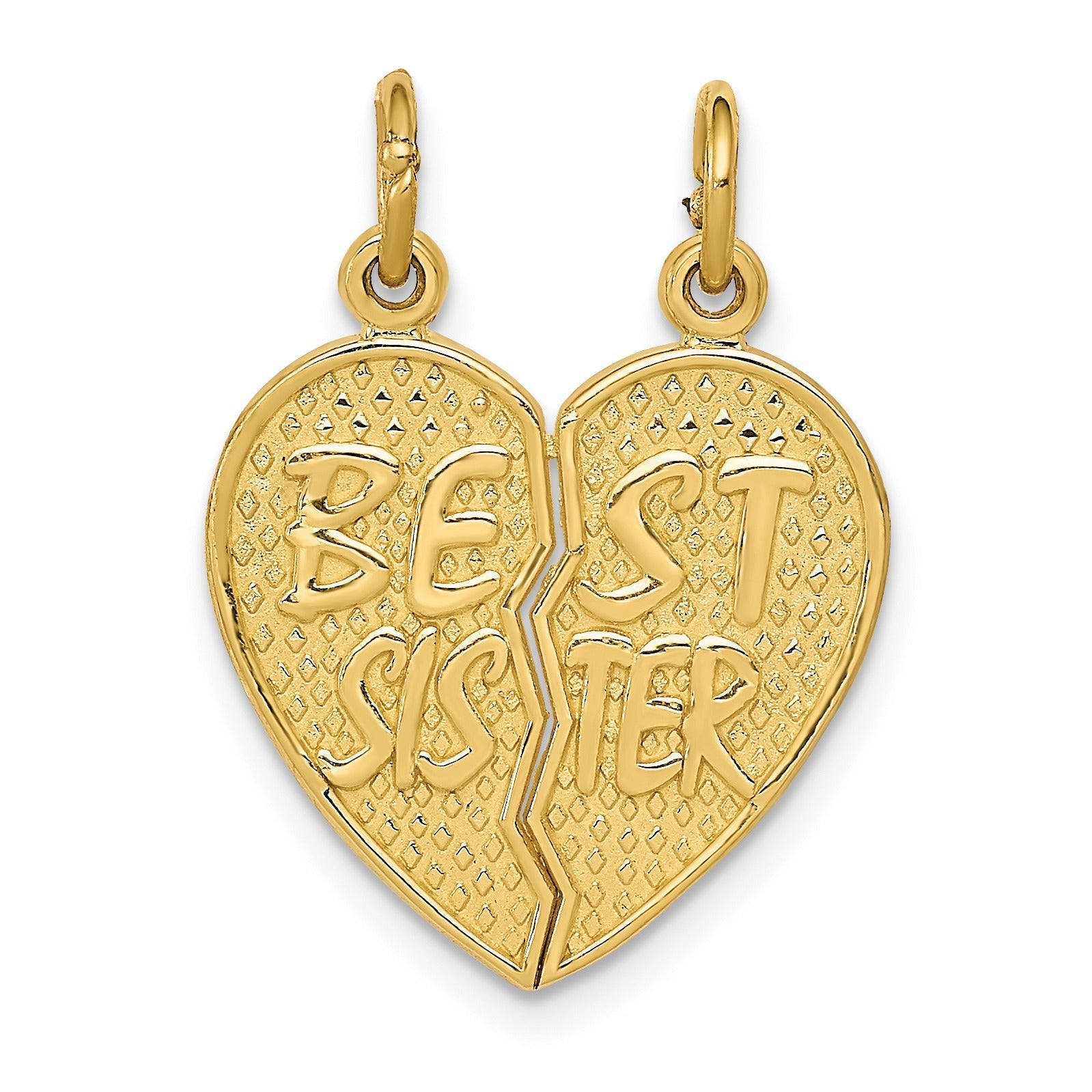 Gold heart-shaped sister pendant split in two, FCJ Jewelry LLC handcrafted jewelry.