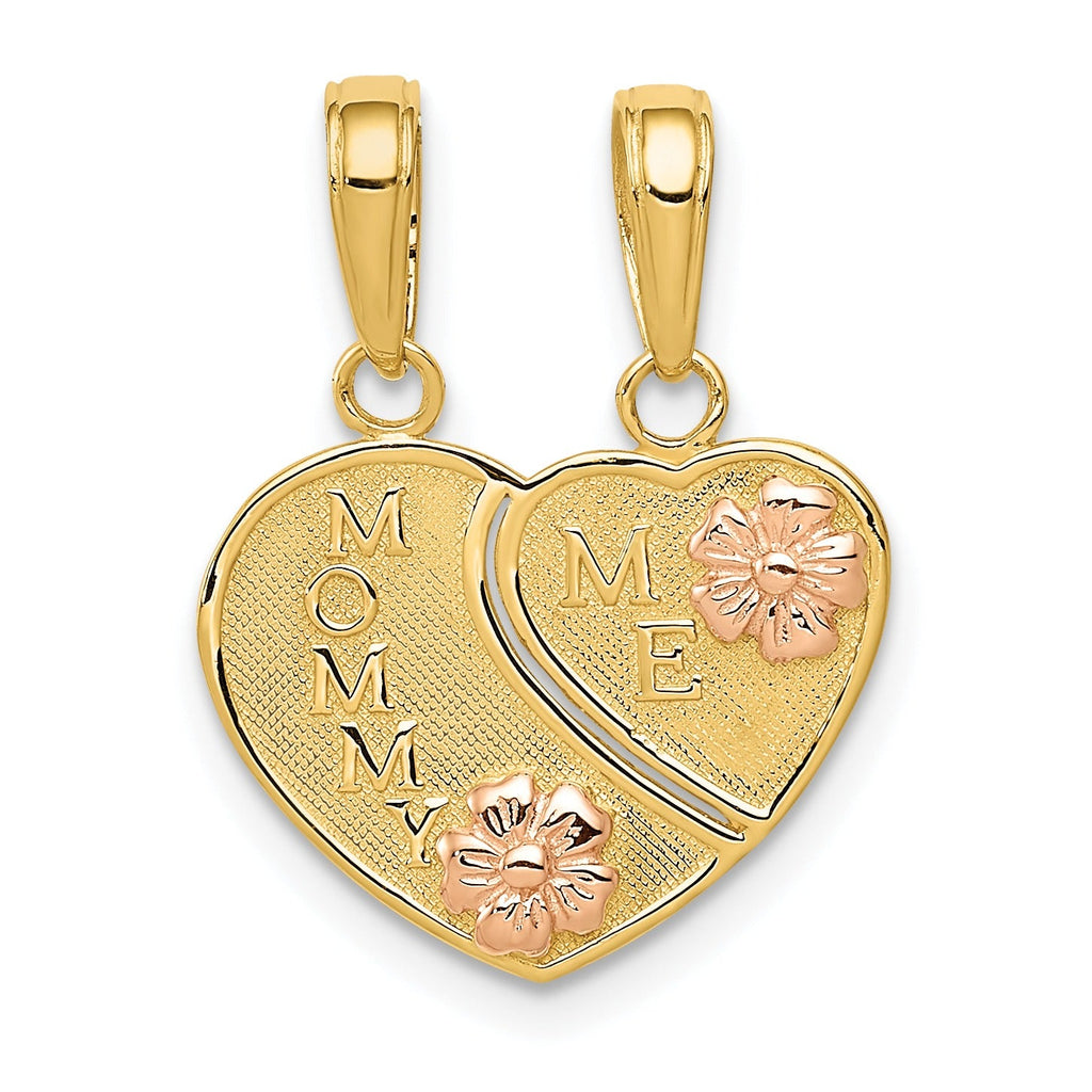 Gold split heart pendant with embossed 'Mommy' and 'Me', floral accents, FCJ Jewelry LLC jewelry