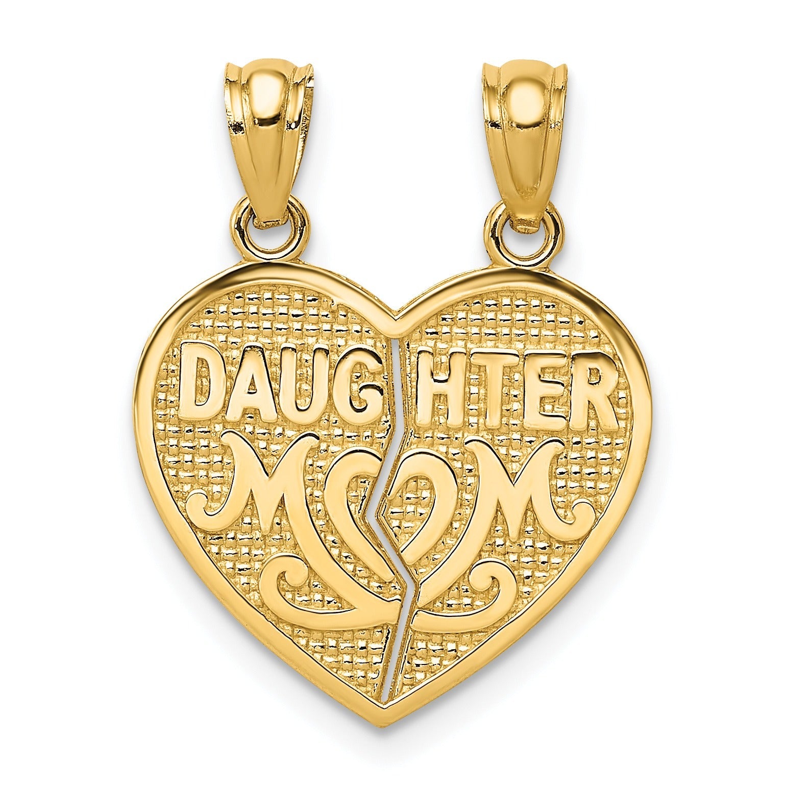 Gold heart-shaped mom and daughter pendant, split design, FCJ Jewelry LLC handmade jewelry.