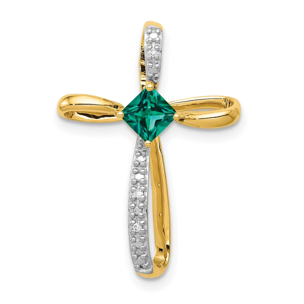 Lab Created Emerald and Diamond Cross Pendant Gold