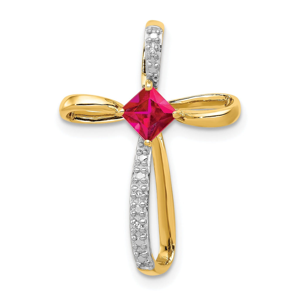 Lab Created Ruby and Diamond Cross Pendant Gold