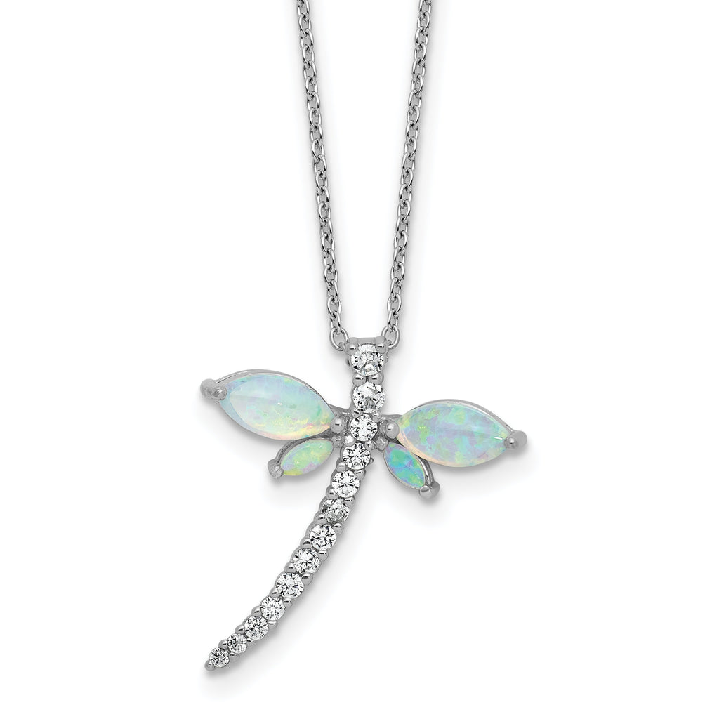 Opal and diamond dragonfly pendant necklace in sterling silver, handcrafted fine jewelry
