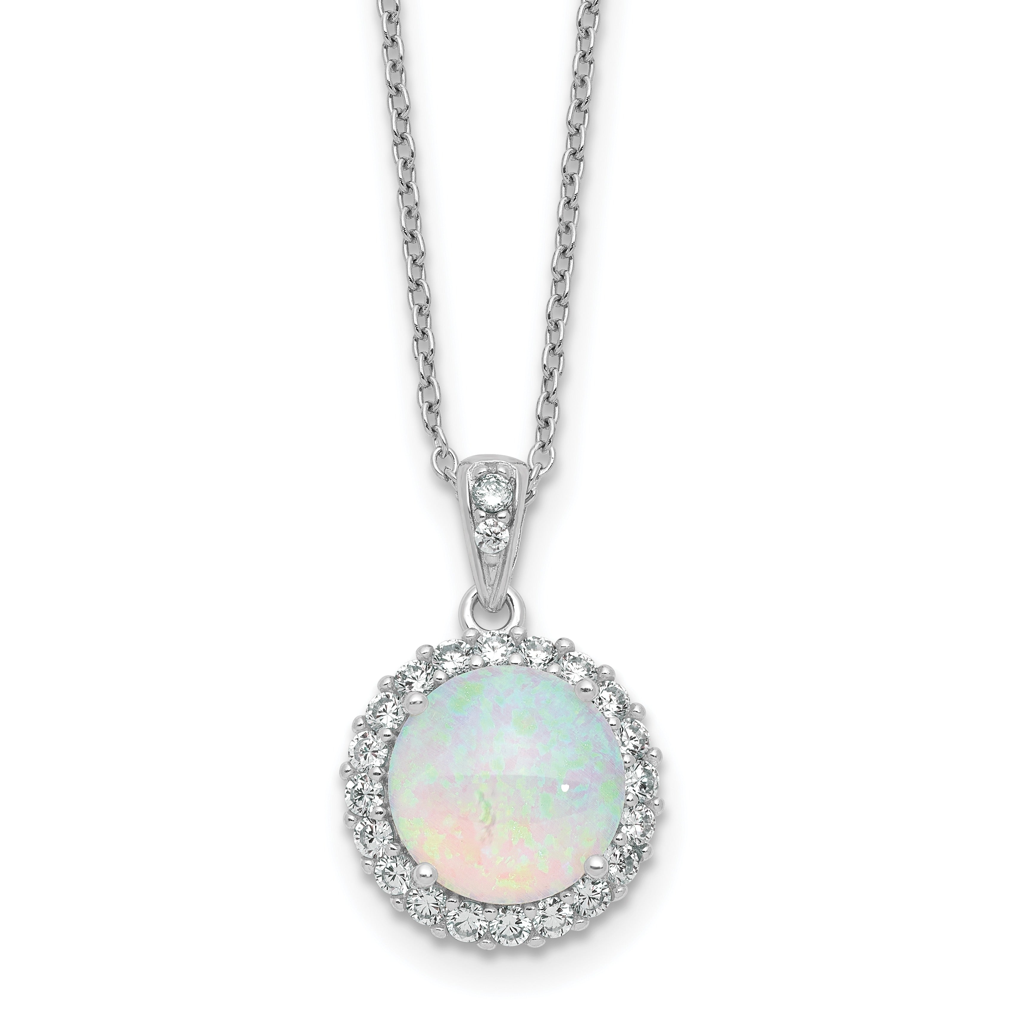 Opal gemstone pendant necklace with diamond halo in silver, handcrafted fine jewelry