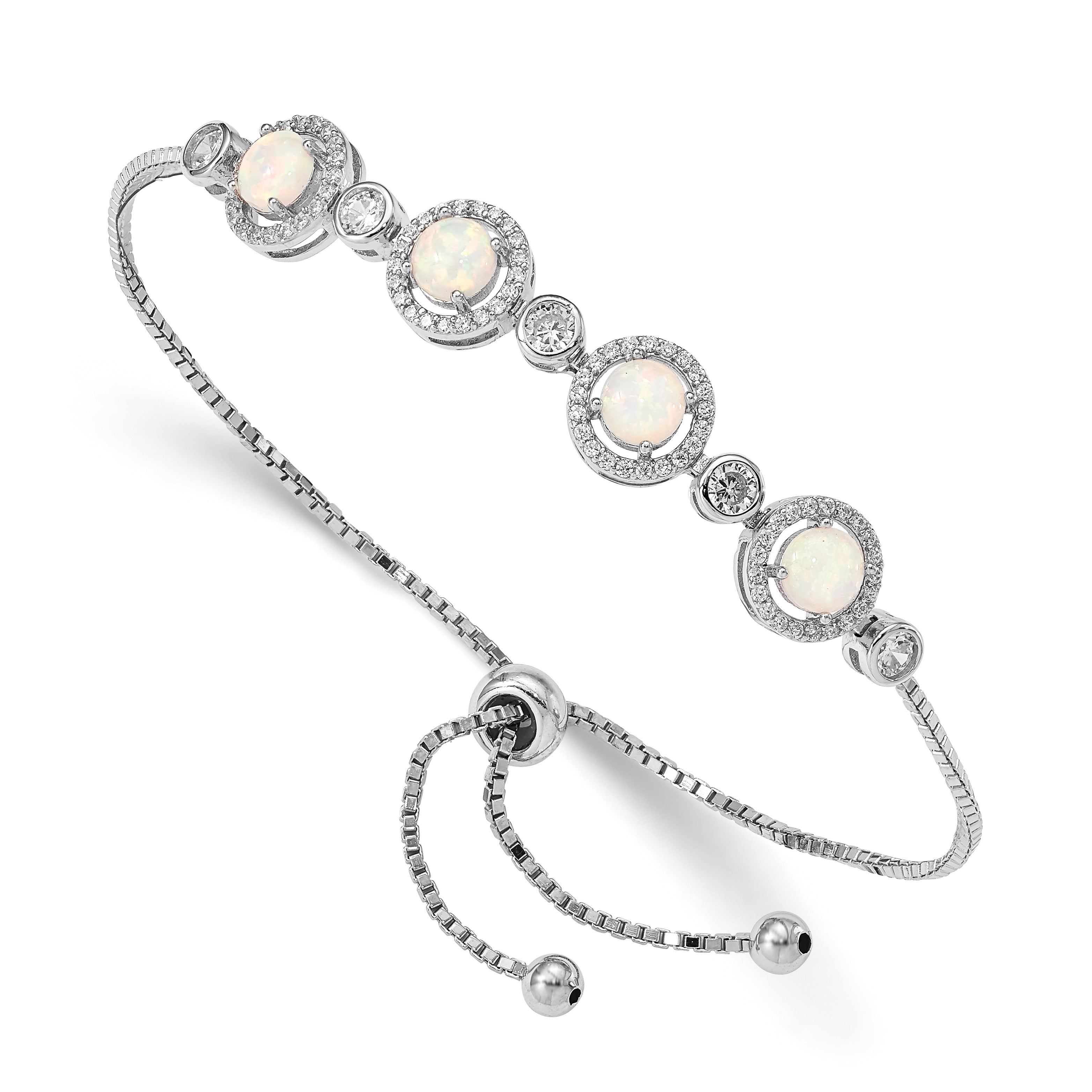 Opal and diamond adjustable silver bracelet with round gemstones, FCJ Jewelry LLC jewelry