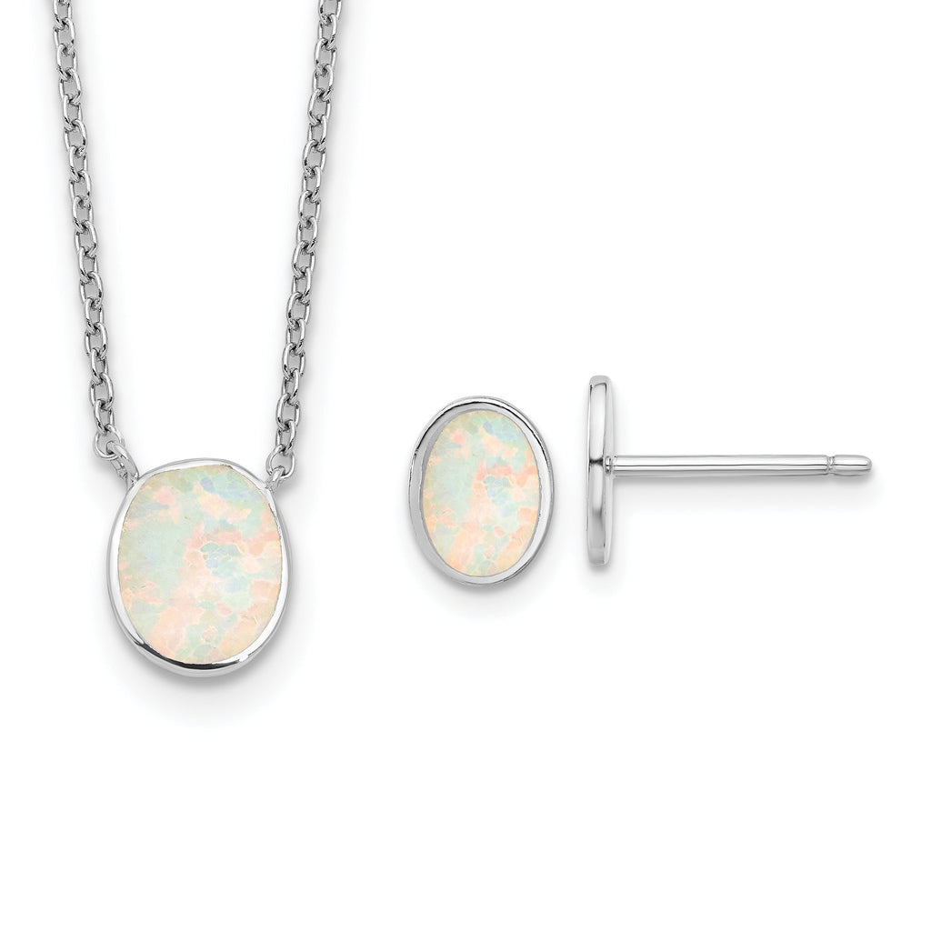Opal gemstone necklace and stud earrings set in silver, FCJ Jewelry LLC handcrafted jewelry.