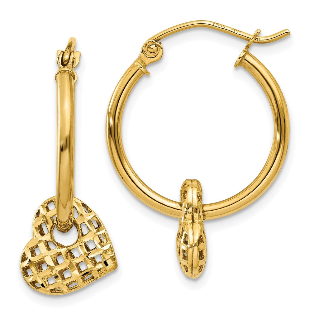 14K Gold Moveable Heart Hoop Earrings