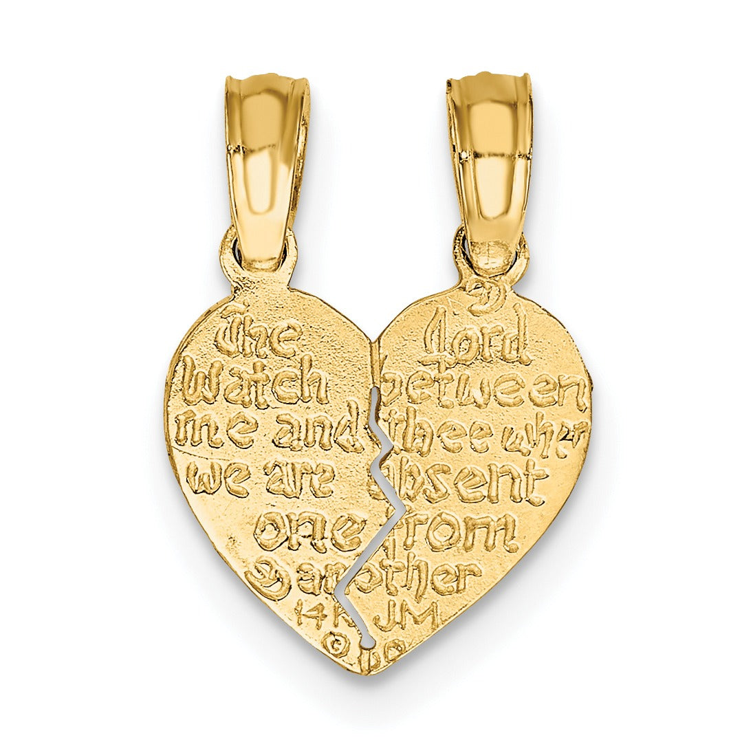 Gold heart-shaped split pendant with engraved text, handcrafted fine jewelry from FCJ Jewelry LLC