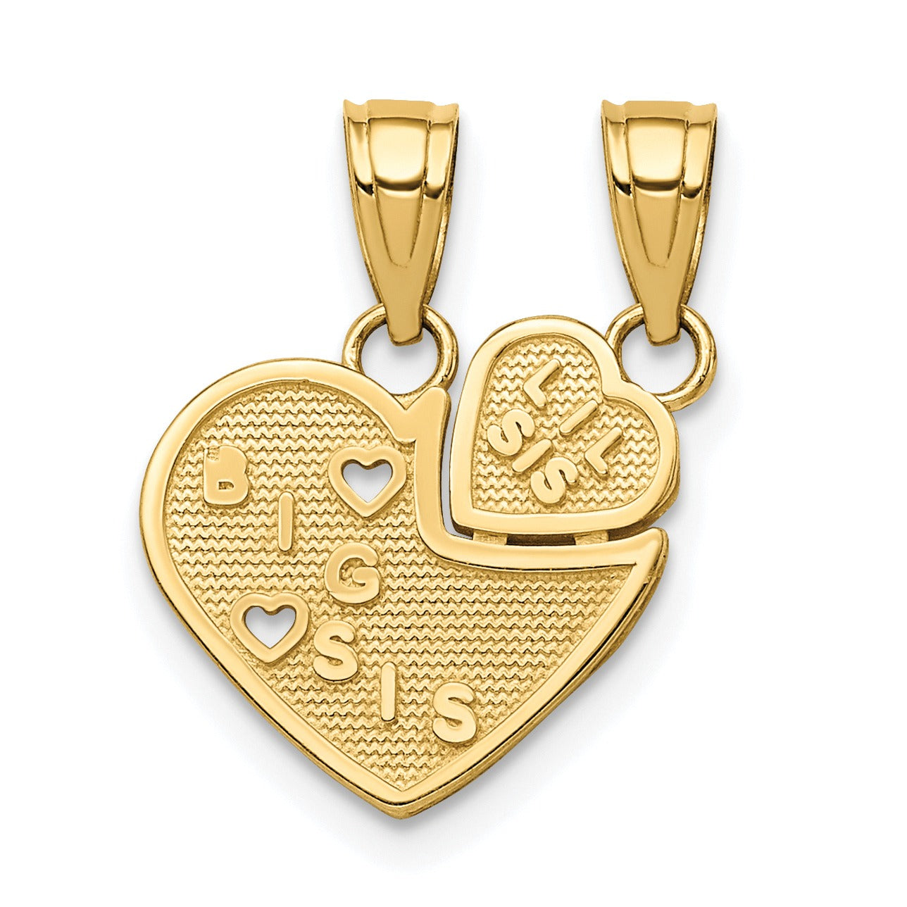 Gold heart-shaped Big Sis and Lil Sis pendant necklace, FCJ Jewelry LLC sibling jewelry