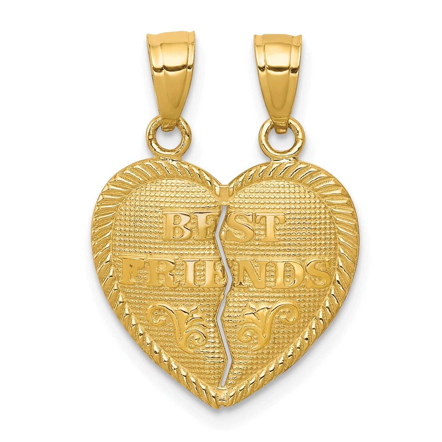 Gold best friends split heart pendant, handcrafted jewelry from FCJ Jewelry LLC USA.