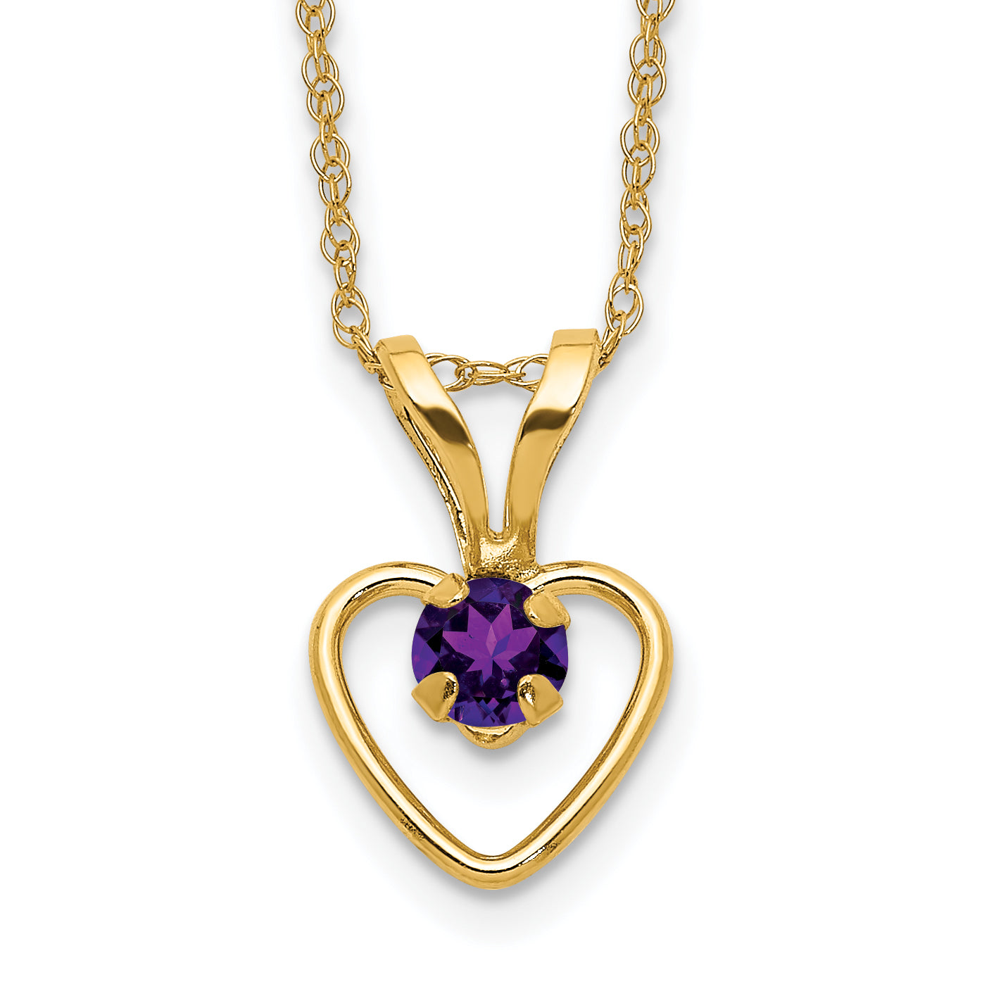 Gold heart pendant necklace with a round purple gemstone, FCJ Jewelry LLC handcrafted jewelry