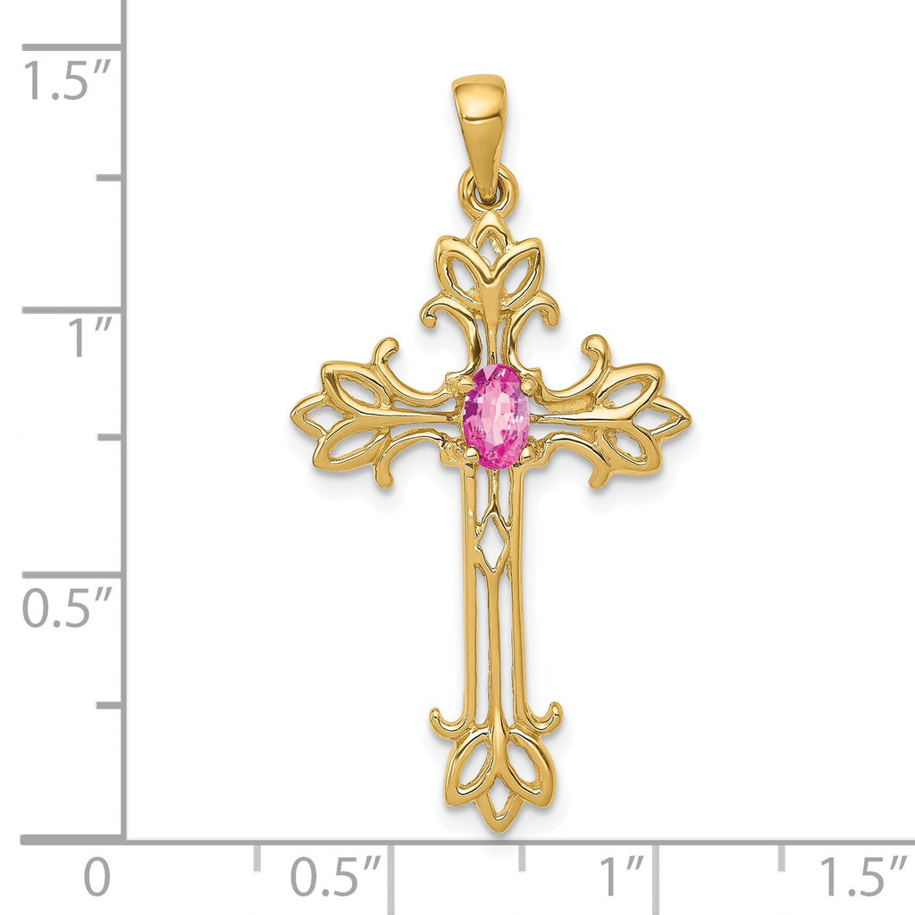 10K Yellow Gold Oval Natural Pink Sapphire Cross Pendant
