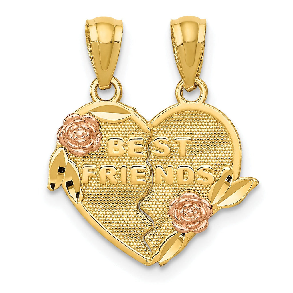 Gold and rose gold heart-shaped best friends pendant with floral accents, FCJ Jewelry LLC.