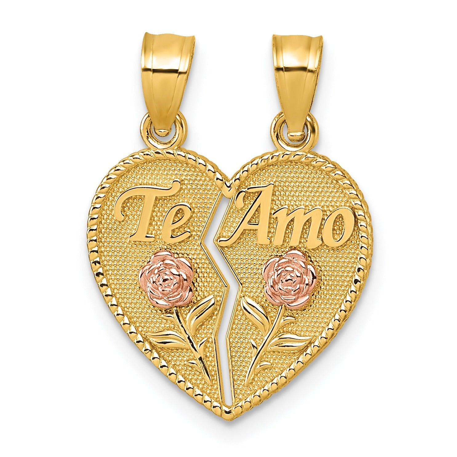 Gold heart-shaped pendant with 'Te Amo' engraving and two rose accents, FCJ Jewelry LLC