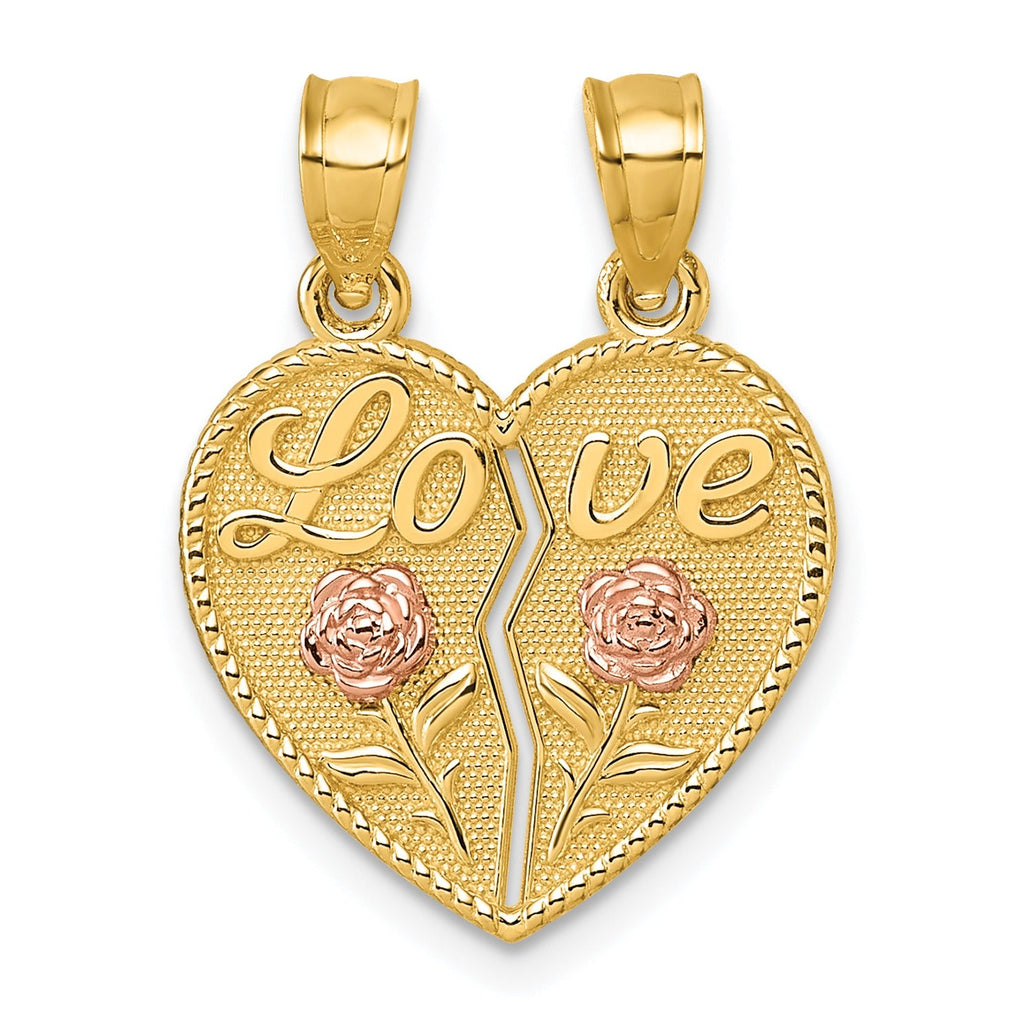 Gold heart-shaped love pendant with rose accents, featured fine jewelry from FCJ Jewelry LLC