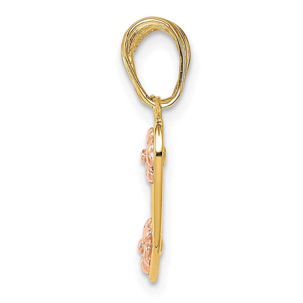 Side view of handcrafted gold and rose gold jewelry pendant from FCJ Jewelry LLC