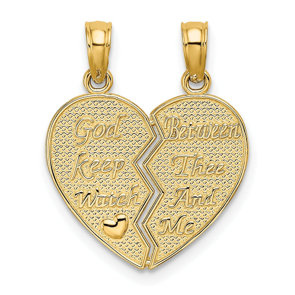 Gold heart-shaped split pendant with engraved 'God Keep Watch Between Thee And Me' text, FCJ Jewelry LLC